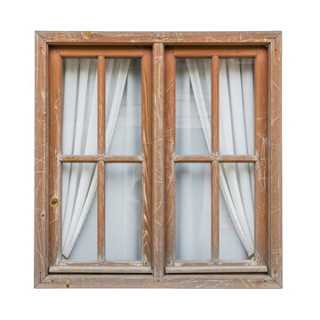 Old wooden window frame with white curtains isolated on a white background isolated on a transparent background