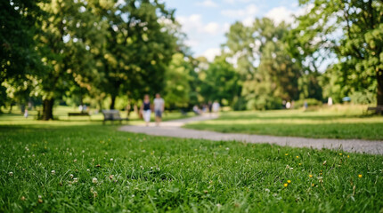 Fototapeta premium Sunlit park background with vibrant grass, trees, pathway and distant strollers
