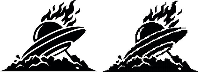 A stylized black ufo crash landing into rocky terrain on transparent background © Shoaib