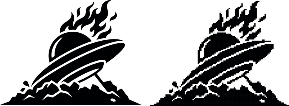 A stylized black ufo crash landing into rocky terrain on transparent background
