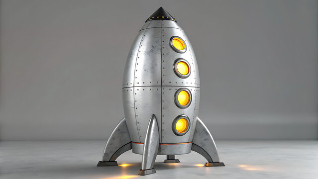 Futuristic silver rocket ship launching with glowing thrusters on minimalist gray background