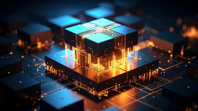 Abstract digital hardware concept with glowing orange microchip and blue lighting on dark motherboard circuit board