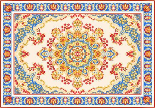 Ornate Persian Carpet Pattern With Golden Floral Mandala