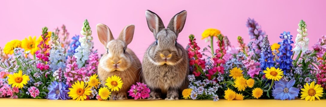 Two bunnies sitting among colorful meadow flowers on pink background. Cute animals in blossom for Easter celebration. Spring season nature composition with small rabbits in blooming garden.