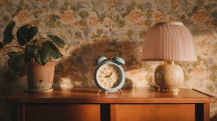 Pastel retro alarm clock on mid century bedside cabinet with plant and ceramic lamp in vintage bedroom interior showcasing peaceful nostalgic home atmosphere