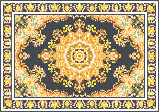 Ornate Persian Carpet Pattern With Golden Floral Mandala