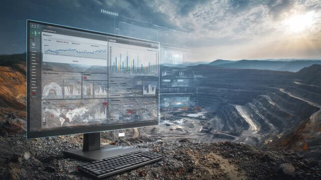Data Analysis: A computer monitor displays intricate data visualizations set against the backdrop of a vast open-pit mine, merging technology with industry.