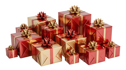 Fototapeta premium Assorted red and gold wrapped gifts with decorative bows isolated on a transparent background