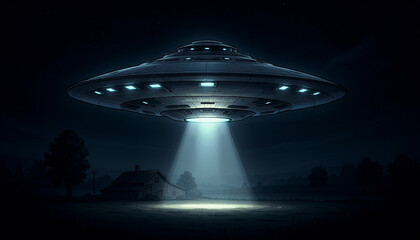 Fototapeta premium Mysterious UFO flying saucer in night sky.