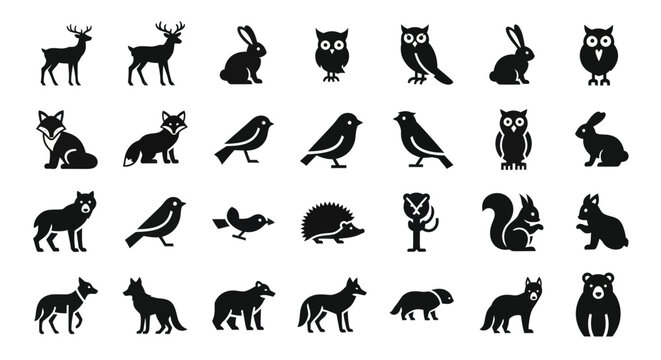Black  White Forest Animal Icons - Wildlife Glyph Set