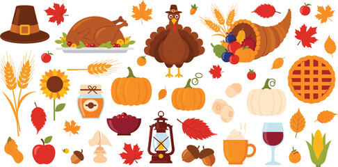 Thanksgiving autumn elements collection with turkey, pumpkin, cornucopia, pie, wheat, maple leaves, harvest food and festive fall vector illustration set © MstMukta