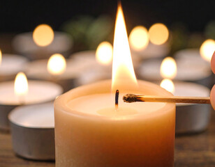Una cerilla de llama brillante encendiendo una vela en ambiente oscuro con velas, concepto de iluminación, calma, espiritualidad, ritual y momento íntimo de luz, calma y paz o dia de todos los santos
