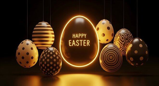 Easter eggs with happy easter sign on dark background with glowing effect around the sign