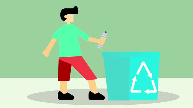 A man holds a plastic bottle next to a large blue recycling bin appearing on a green and white background.