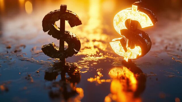 Two illuminated dollar signs stand on a wet surface as sunlight reflects off the water during sunset