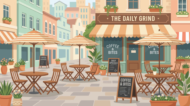 Cozy Outdoor Cafe Scene with Striped Umbrellas and Wooden Furniture in a Charming City Street