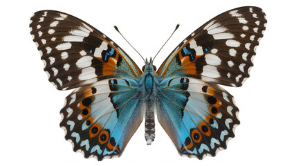Fototapeta premium Colorful butterfly with blue and orange wings and white spots isolated on a transparent background
