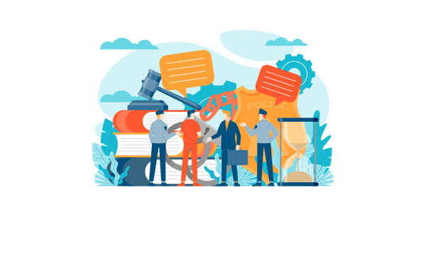 Criminal Justice System illustration with police officer, lawyer, and prisoner, surrounded by legal symbols