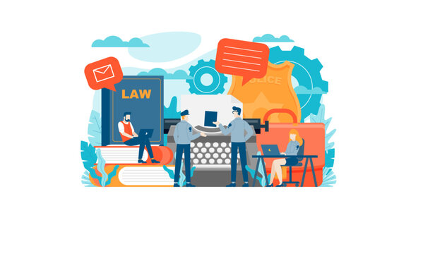 Law Enforcement and Legal Professionals Working with Books, Laptops, and Typewriter