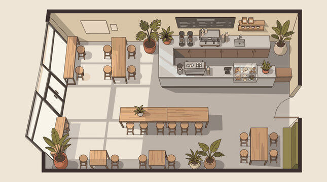 Modern cafe interior design layout with espresso bar and dining tables top view