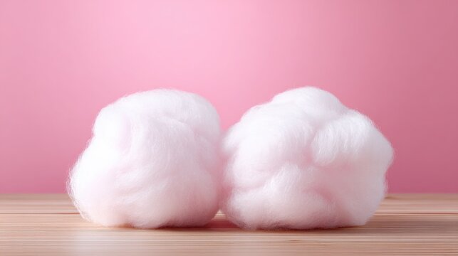 Two Piles of Fluffy Pink Cotton Candy on a Wooden Surface with a Soft Pink Background