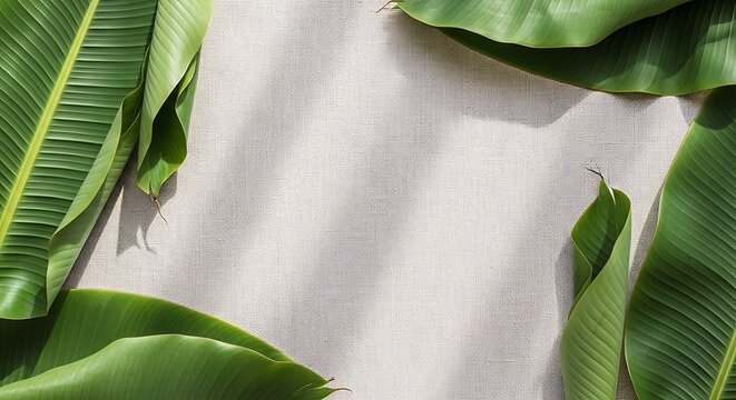 Fresh Green Banana Leaves Border on Light Fabric