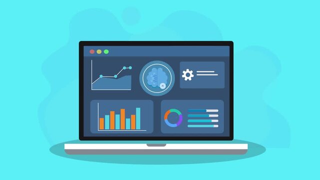 Animated laptop showing system monitoring dashboard with radar icon, charts, and panels, representing tracking, performance analysis, and data analytics in modern flat design.