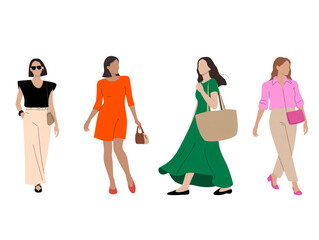 Obraz premium Fashionable women in minimalist outfits, trendy summer clothing collection and stylish female accessories vector illustration
