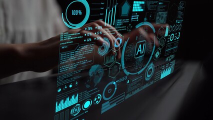 Fototapeta premium AI Assistant Brain Processor with LLM Technology, Big Data, Machine Learning, Generative AI for Business Support, Future Agentic AI Technology and Artificial Intelligence Prompt Engineering. Thunk