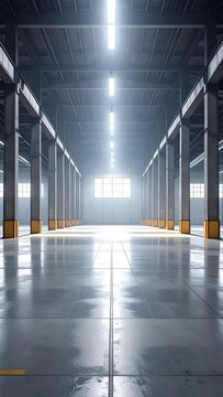 A large, empty industrial warehouse with high ceilings and bright lights