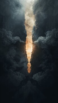 Bright golden light shines through a dark smoky chasm. Ideal for spiritual, memorial, or cosmic phone backgrounds.