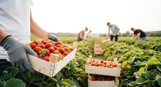 Farmers harvesting fresh strawberries in a lush green field