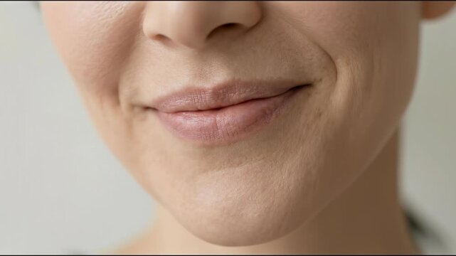 A close-up shot of a captivating smile and a glimpse of a face, embodying contentment and subtle emotion.
