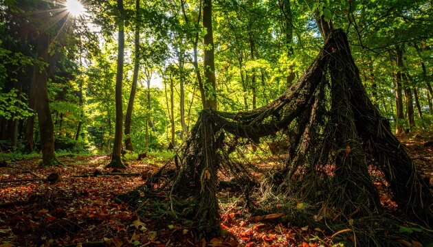 A camouflaged shelter constructed with netting and branches blends seamlessly into a sunlit forest, providing a hidden position within nature.