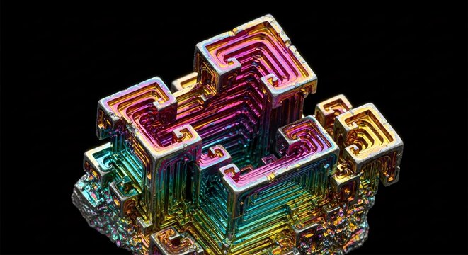 Macro close up of vibrant iridescent bismuth crystal geometric formation on black background, geology science concept.