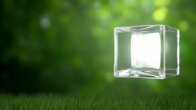 Abstract Glass Cube in Nature's Embrace: An ethereal, illuminated glass cube floats amidst the lush greenery of a sun-dappled meadow.