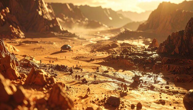 Tiny explorers establishing a new settlement on a vast, dusty alien planet with mountains and a rover