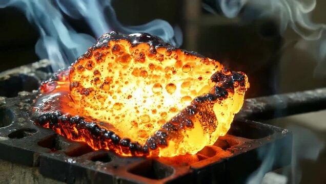 Close-up of molten metal being forged in a blacksmiths workshop.