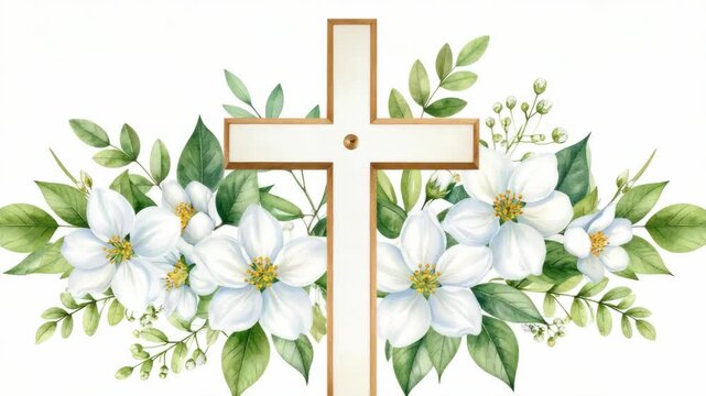 Watercolor white cross adorned with elegant white flowers and green leaves for religious celebrations and Easter