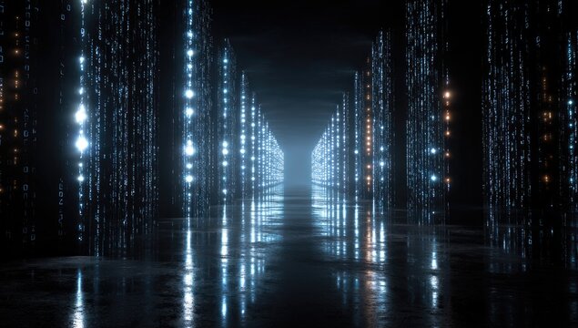Futuristic digital hallway with glowing binary code and reflective floor