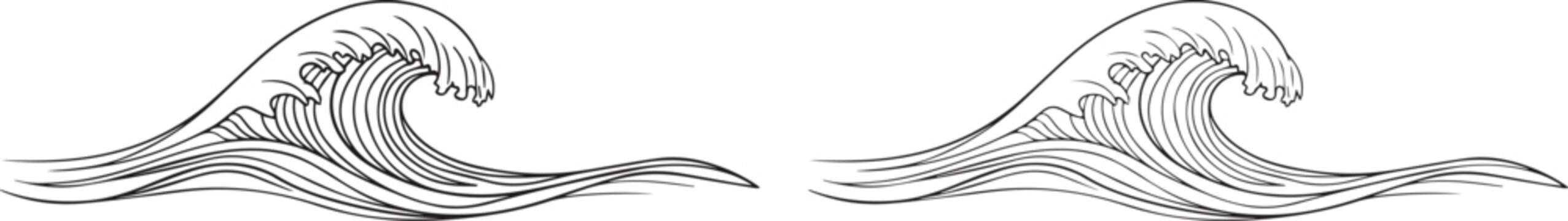 A minimalist illustration of ocean waves in a simple black and white design vector silhouette