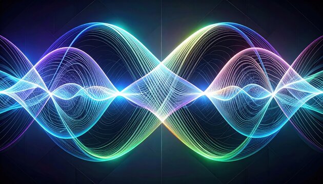 Abstract Visualization of Overlapping Shimmering Waves Representing Quantum Superposition and Energy Flow