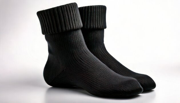 Pair of black socks with ribbed cuffs on a white surface.