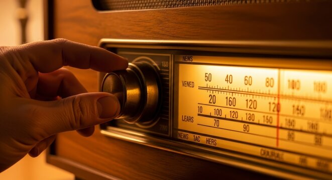 Hand tuning vintage radio dial.
