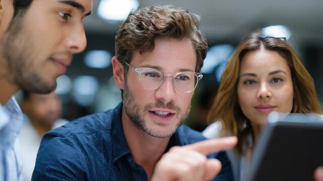 Collaborative Digital Dialogue: A close-up shot of three diverse individuals intensely focused on a tablet, immersed in a moment of shared learning or collaborative work.