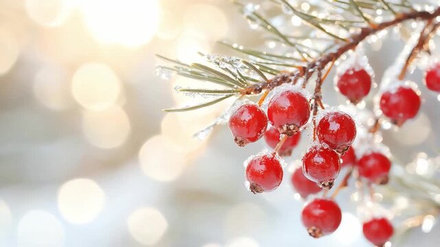 Crimson Berries in Winter's Embrace: A delicate sprig of pine needles adorned with glistening red berries, evoking the serenity of a winter wonderland. A perfect capture of the holiday spirit.