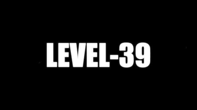 The text LEVEL-39 in striking white lettering is presented centrally on a black canvas, enhanced by a sparse distribution of tiny brown particles