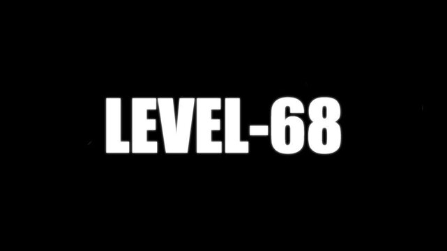 Large white sans-serif font spelling out LEVEL-68 with a slight drop shadow on a black backdrop with sparse brown speckles floating around