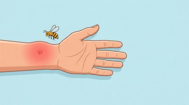 illustration of a bee flying over a human hand with a red swollen sting on the wrist. Medical concept of insect bite, skin allergy, and localized inflammation.