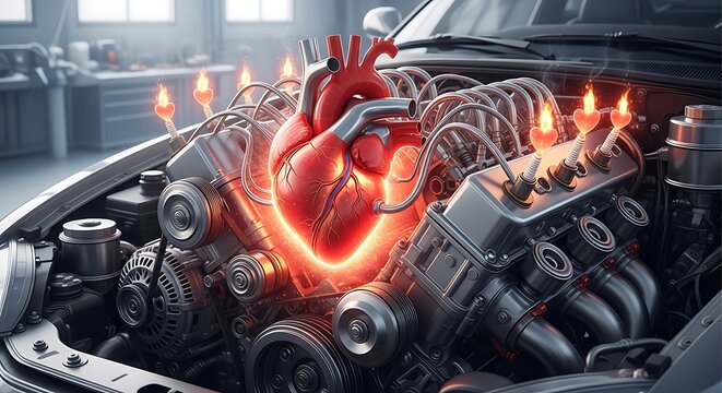 Powerful engine concept featuring a fiery human heart at the center of machinery.